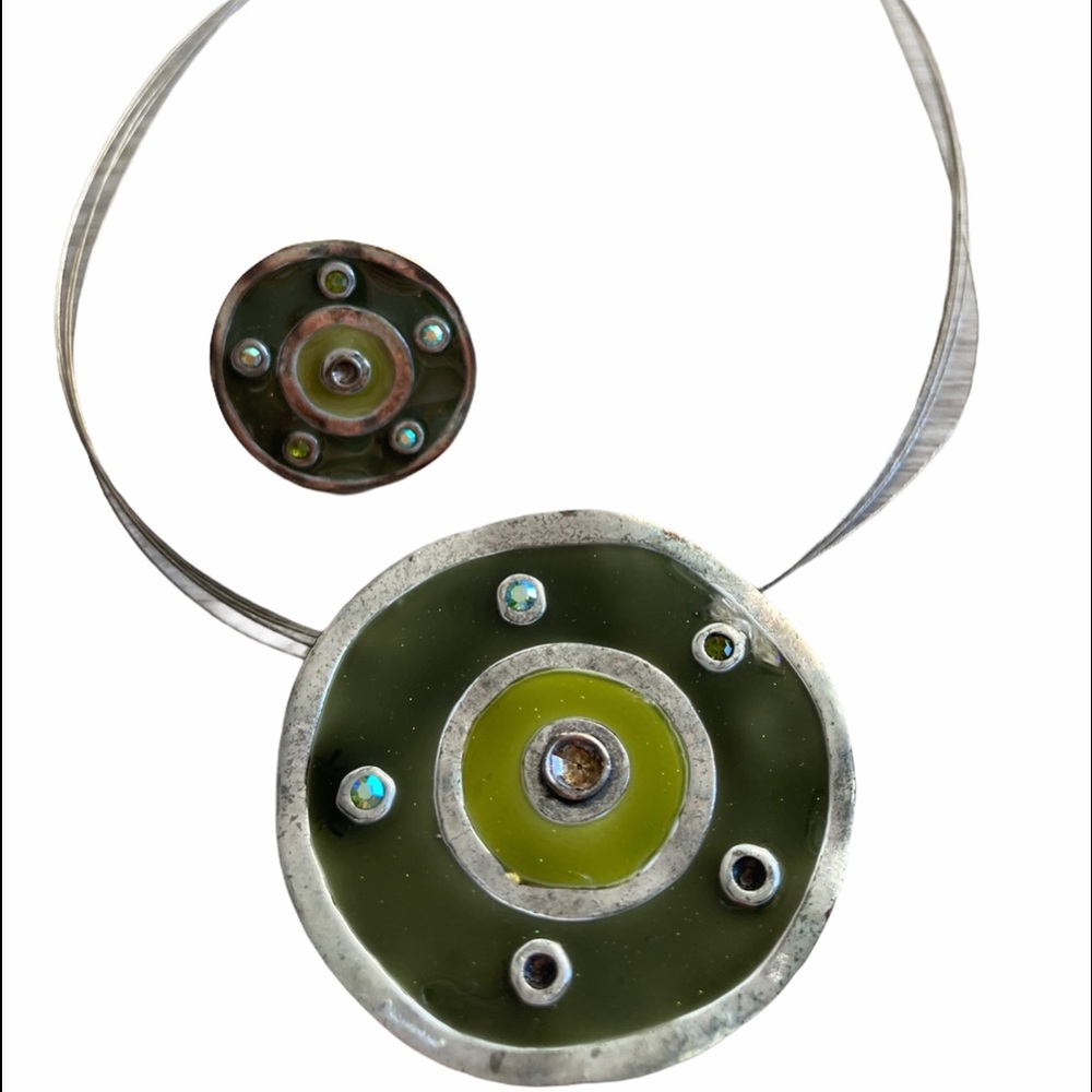T Street Jewelry Set Handcrafted Metal Wire Green Choker Necklace Matching Ring